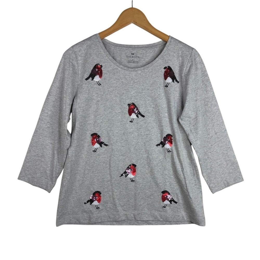 Talbots Winter Robin Sequin Birds 3/4 Sleeve Top size Medium Gray/Red